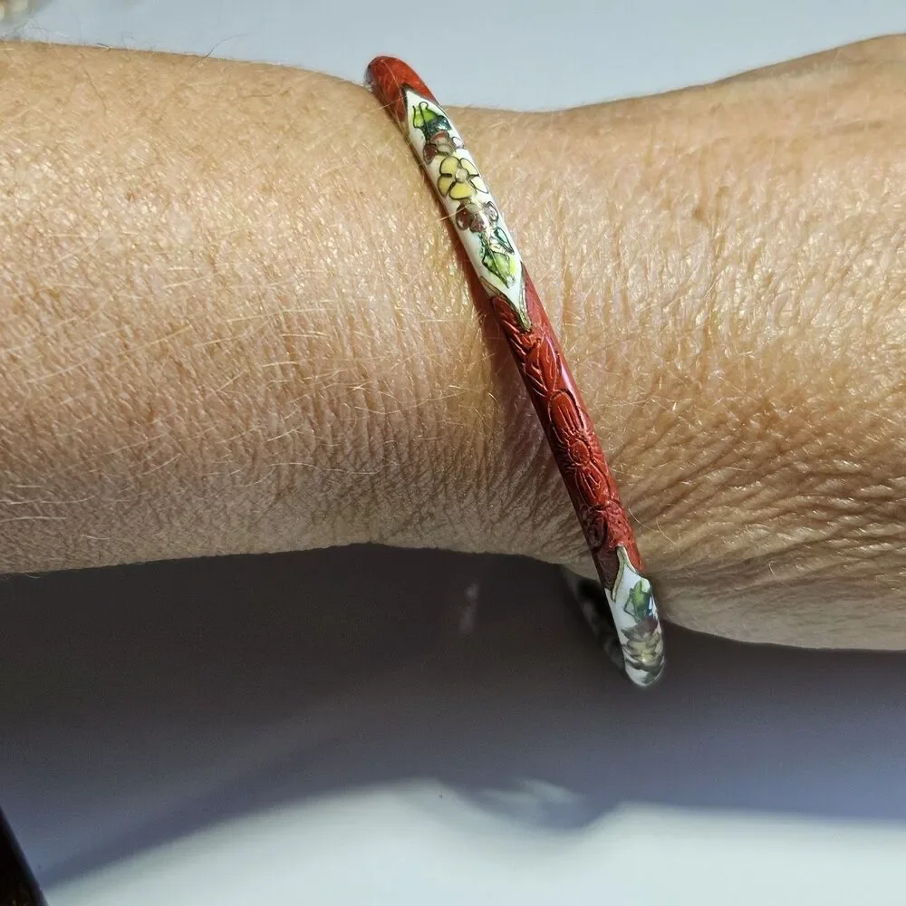Gold Tone Vntg Carved Red Cinnabar White Cloisonne Bracelet 7.75